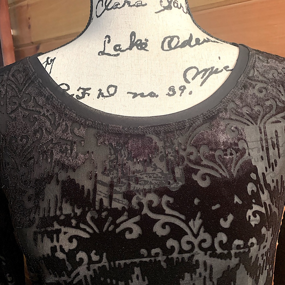 Simply Vera by Vera Wang.  Black sheer and velvet top with frayed bottom. Sz Sm